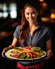 Young waitress presents a dish with Fajitas - food photography