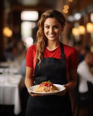 Young waitress presents a dish with Pasta - food photography