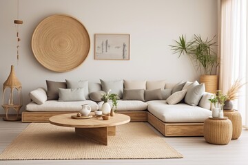 The aesthetic composition of the living room interior includes a modular sofa, a partition wall, a wooden coffee table, a round pillow, a vase filled with dried flowers, a rattan lamp, and various