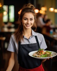 Young waitress presents a dish with Pho - food photography