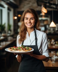 Young waitress presents a dish with Pizza - food photography