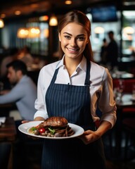 Young waitress presents a dish with Steak - food photography
