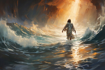 Ethereal Savior walking on undulating waves, abstract oil painting