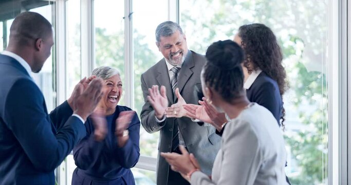 Business people, hands together and teamwork in motivation for support, trust or unity at the office. Group of employees piling in team building, collaboration or coordination for goals at workplace