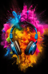Headphones in paint powder explosion or color particles splash, realistic wallpaper or music...