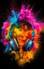 Rolgordijnen Headphones in paint powder explosion or color particles splash, realistic wallpaper or music background in 3D AI generative © Ron Dale