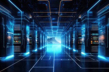 server room corridor, futuristic blue lighting, data center concept, generative ai