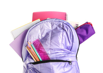 Lilac school backpack with notebooks, pencils and ruler on white background