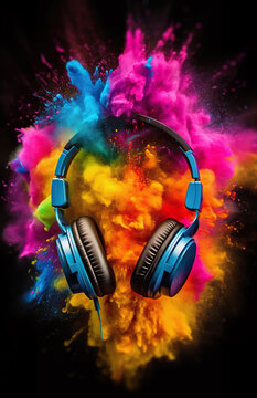 Headphones in paint powder explosion or color particles splash, realistic wallpaper or music background in 3D AI generative