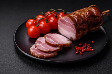 Delicious smoked bacon with salt, spices and herbs
