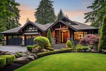 Stunning craftsman style home meticulously constructed with a three car garage featuring elegant wooden doors, surrounded by vibrant landscaping adorned with the luscious greenery of spring, creating