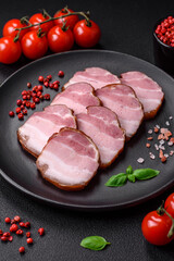 Delicious smoked bacon with salt, spices and herbs
