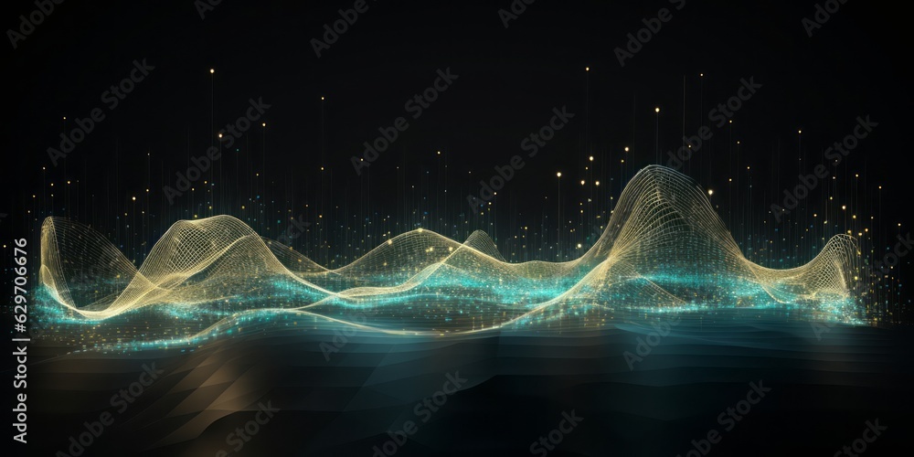 Poster Abstract Graph of Waves in Light Cyan and Gold on Dark Background, Creating a Futuristic Panorama with Bokeh Elements, Infinity Nets, and Confetti-Like Dots