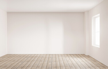 3d white empty room with wooden floor and window with sunlight, room studio interior design background