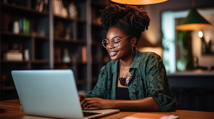 Beautiful young woman working on laptop, girl freelancer or student with computer in cafe at table, looking in camera. Model by AI generative - 629706680