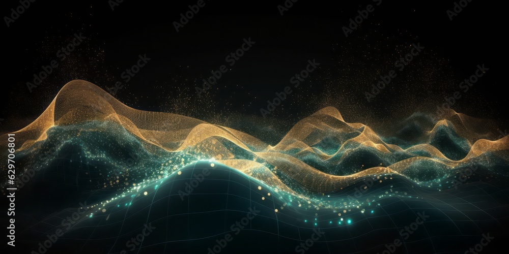 Poster Abstract Graph of Waves in Light Cyan and Gold on Dark Background, Creating a Futuristic Panorama with Bokeh Elements, Infinity Nets, and Confetti-Like Dots