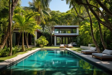 The backyard of a sophisticated and contemporary home located in the Nautilius area of Miami Beach is stunning. It features a swimming pool, neatly trimmed grass, lush trees, and vibrant tropical