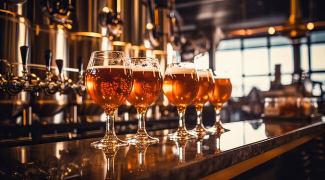 Glasses with craft beer on wooden bar. Tap beer in pint glasses arranged in a row. Closeup of five glasses of different types of draught beer in a pub. digital ai