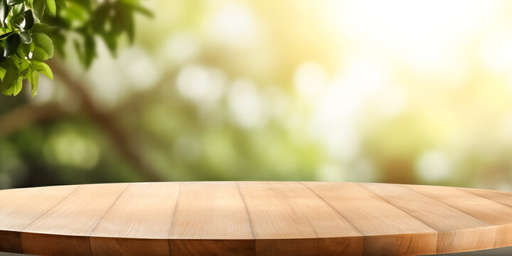 Empty wooden table with garden bokeh background with a country outdoor theme. Template mock up for display of product