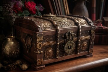 Ancient chest reveals shiny treasures and secret maps., generative IA