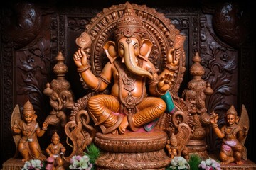 Fototapeta na wymiar Ganesha, the Hindu god with dancing mice., generative IA