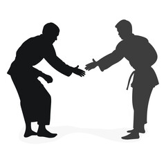 Image silhouette judoka. Judo, martial art, sportsmanship, wrestling, duel, grappling, combating, fighting, struggle