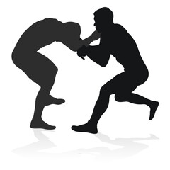 Image of a silhouette of a wrestler athlete in a fighting pose. Greco Roman wrestling, combating, duel, fight, martial art, sportsmanship