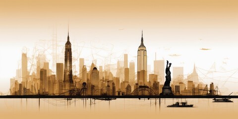Obraz premium Silhouette of New York City Skyline, Including Statue of Liberty, Times Square, Empire State Building, and Central Park, Rendered in Architect Technical Drawing