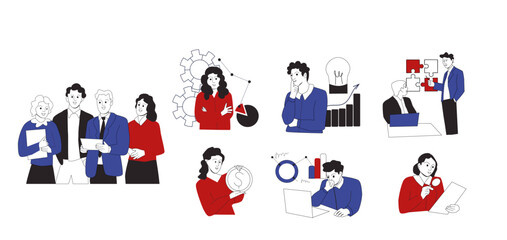 Business people teamwork, meeting doodle concept. Colleagues team develop idea work together thinking creative solution with infographic icons around. Brainstorm in office Line art vector illustration