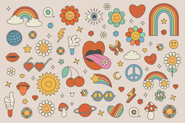Collection of vintage groovy elements and characters. Retro character, hippie 70s style, psychedelic mushrooms, flowers, rainbow, sun, lips, heart and planet. Vintage vector set