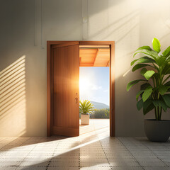 Open wooden door with sunlight and potted plants with a patio view of mountains