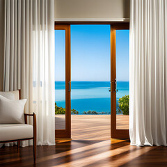 Home with glass doors with white sheer curtains and a tropical ocean view