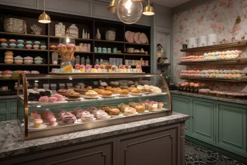 Fotobehang Charming sweet shop with colorful cupcakes and handmade sweets. Irresistible aroma., generative IA © Gabriel