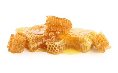 Sweet honeycombs on white background