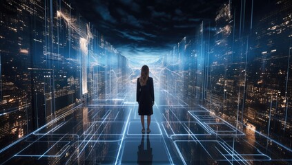 Obraz premium business woman standing in the middle of a large data center Generative AI