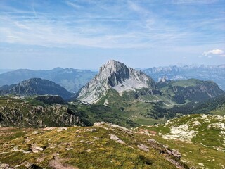 Obraz premium View of the Mürtschenstock Switzerland. Brittle mountain to climb. Between Glarus and St.Gallen. Mountaineering in the Alps. High quality photo