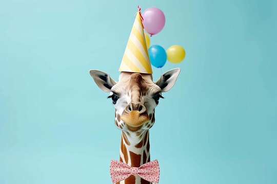 Creative animal concept. Giraffe in party cone hat necklace bowtie outfit isolated on solid pastel background advertisement, birthday party invite invitation