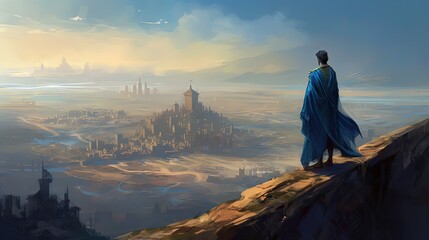 Man in blue cape standing on the top of mountain and watching fantasy cityscape. Generative AI