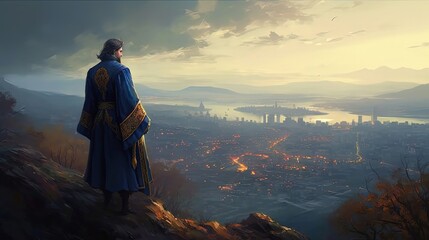 Man in blue cape standing on the top of mountain and watching fantasy cityscape. Emperor. Generative AI