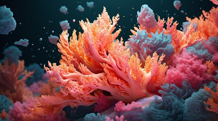 Corals wallpaper, sea and ocean realistic abstract 3d background. Coral reef tropical underwater or undersea colorful deep water in AI generative