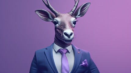 Anthropomorphic antelope wearing purple suit. Antelope businessman. Light purple background. Generative AI