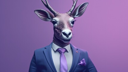 Anthropomorphic antelope wearing purple suit. Antelope businessman. Light purple background. Generative AI