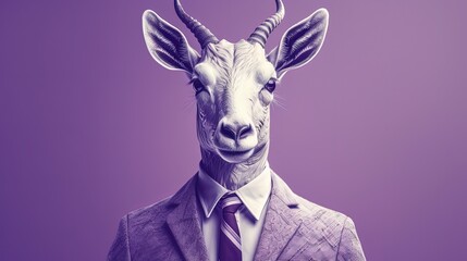 Anthropomorphic antelope wearing purple suit. Antelope businessman. Light purple background. Generative AI