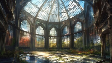 Gothic glass cathedral with greenhouse. Generative AI