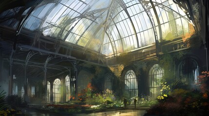 Gothic glass cathedral with greenhouse. Generative AI