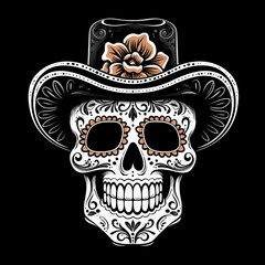 Big skull with black mexican hat and a little of small flower