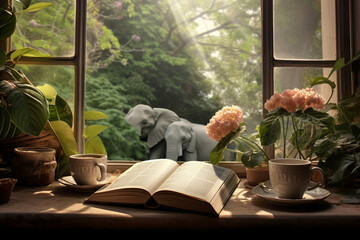 big window sunrays windowsill book plant flower steaming coffee cup - obrazy, fototapety, plakaty