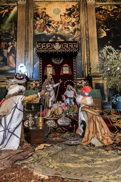 Interior of Church of the Annunciation - Seville Catholic temple (1565 - 1579). Christmas nativity scene. Seville, Andalusia, Spain. December 31, 2022