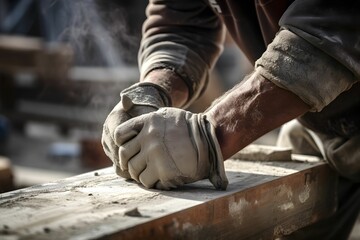Die Hände eines Tischlers bereiten in einer Tischlerwerkstatt ein Holzstück vor