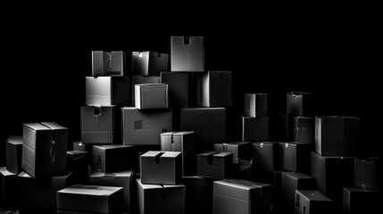 Cardboard boxes. Black and white. Black background. Generative AI